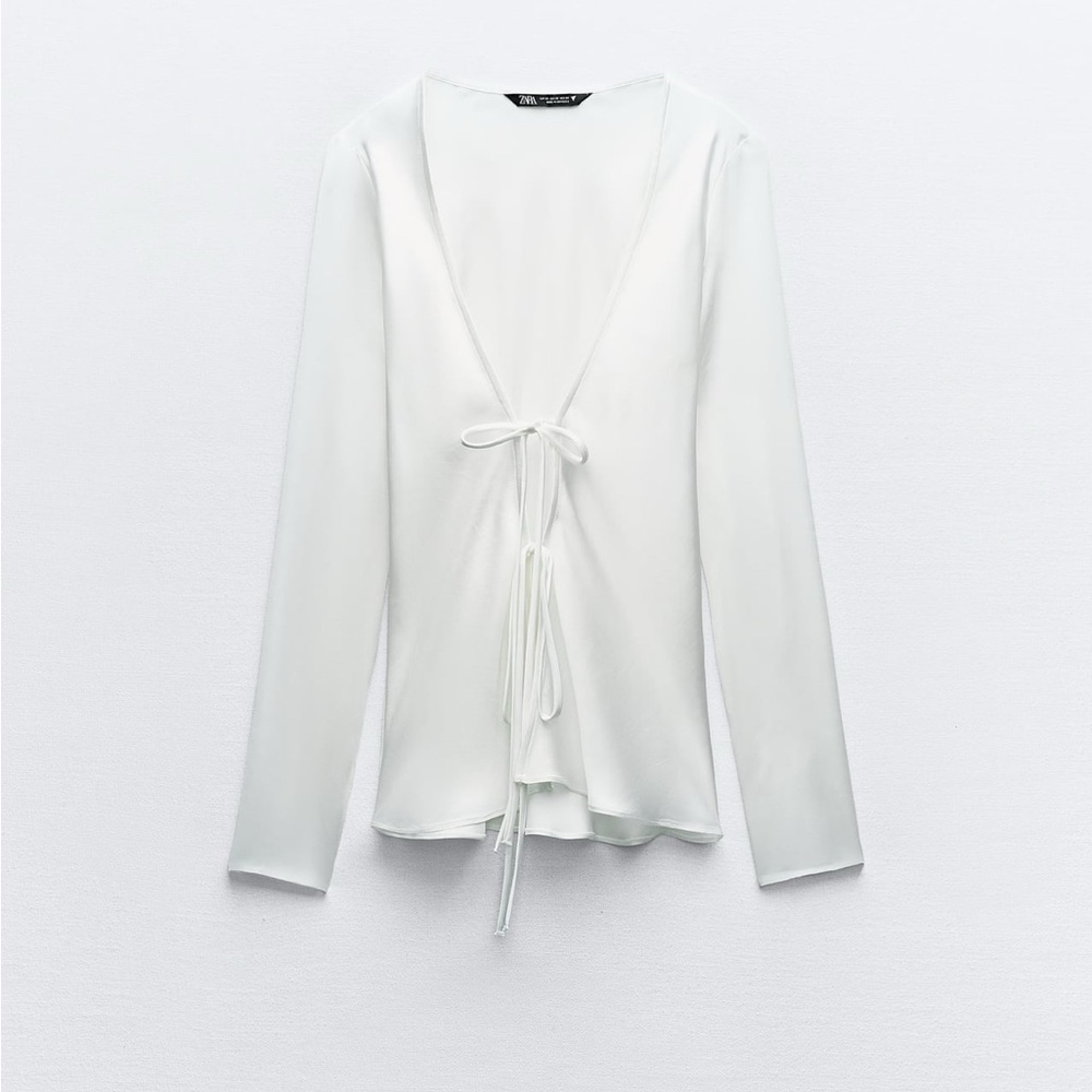 Zara White Satin Effect Tied Blouse